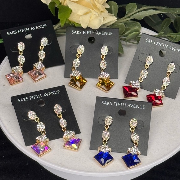 Saks Fifth Ave Pave Teardrop Crystal Post With Drop AB Crystal Earrings - Picture 8 of 9